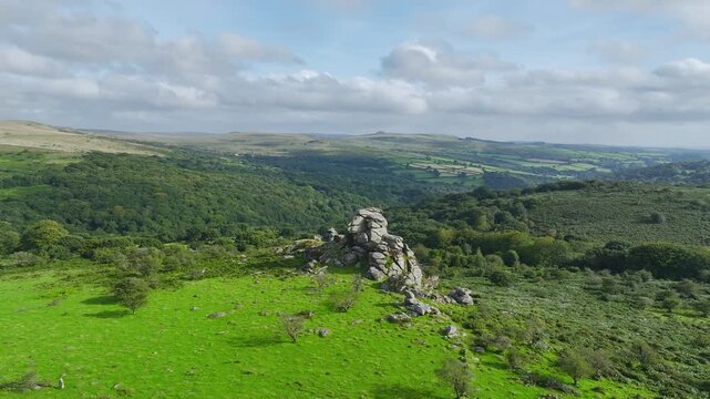 Vixen Tor from a drone, Dartmoor National Park, Yelverton, Devon, England, United Kingdom