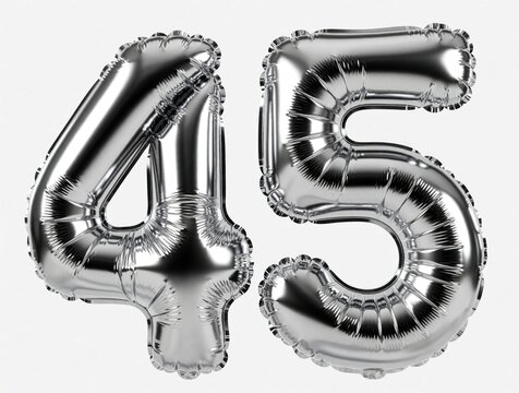 Silver chrome inflatable balloons form number 45. Shiny metallic helium digits isolated on white background. Glossy silver balloons create forty five figure for birthday anniversary special event