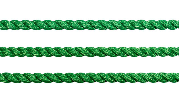 Green rope segments arranged in three horizontal parallel lines representing strength connection security and heavy duty material construction usage