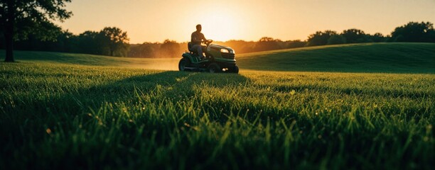 Fototapeta premium Man drives riding lawn mower across large green grass field at golden sunset. Male worker performs garden maintenance in rural landscape. Silhouette of person operating machinery during warm summer