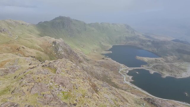 Pyg Track and Llyn Llydaw lake in clouds from a drone, Pen-y-Pass, mountain pass, Snowdonia, Gwynedd, north-west Wales, UK