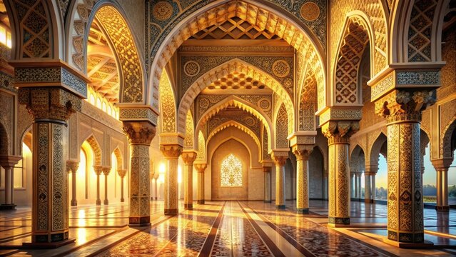An interior view of a serene mosque hall bathes in golden light adorned with intricate arches and ancient patterns