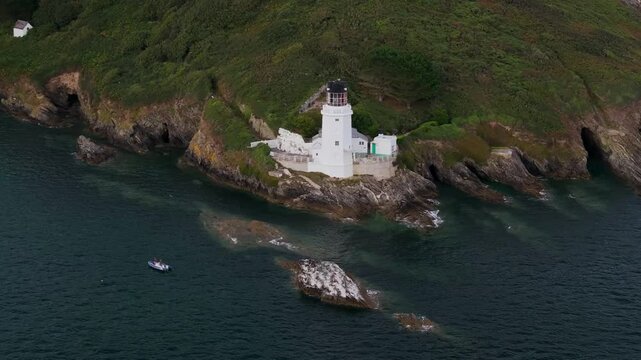 St Anthony Lighthouse from drone, Roseland peninsula, Head circular walk, Cornwall, UK