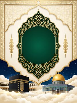 Luxurious Islamic background template featuring elegant gold-green ornate arch frame, Kaaba, and Al-Aqsa Mosque for Isra Miraj celebration banner or poster.