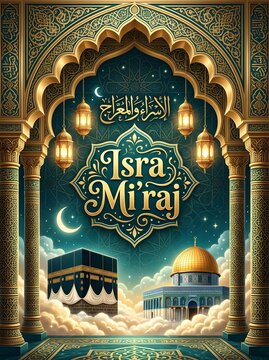 Grand ornate green and gold archway framing the Kaaba and Dome of the Rock surrounded by clouds and glowing lanterns for Isra Miraj.