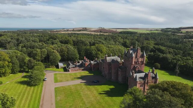 Ayton Castle from a drone, Ayton, Eyemouth, Scottish Borders, Scotland, UK