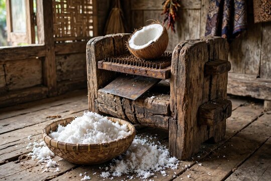 Traditional Antique Wooden Coconut Grater Kukudaan Sitting Grater with Fresh Grated Coconut in Bamboo Basket