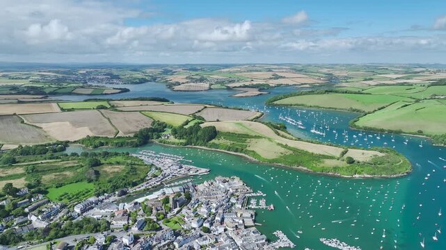 Salcombe and Mill Bay over Kingsbridge Estuary from a drone, Batson Creek, Southpool Creek, Devon, England, United Kingdom