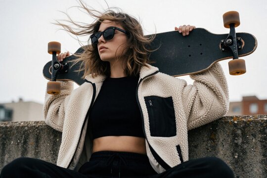 Young female skater holds longboard on shoulder sitting on concrete wall. Wind blows hair in city urban setting. Trendy woman wearing sunglasses, fleece jacket, crop top enjoys active lifestyle,