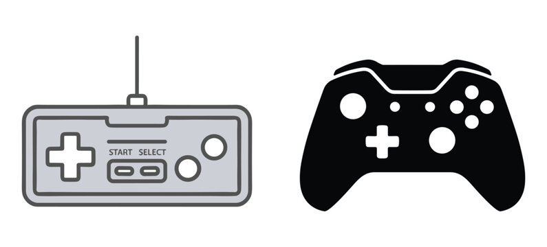 Two vector icons representing vintage and modern game controllers for playing video games isolated on a simple white background for design
