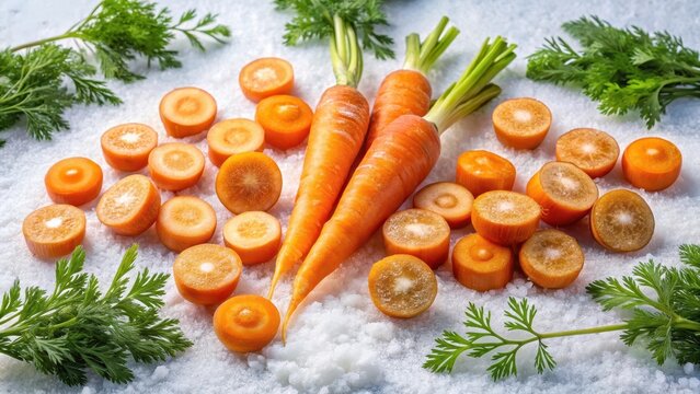 A vibrant medley of carrots and sliced pieces artfully arranged atop a pristine snowywhite surface