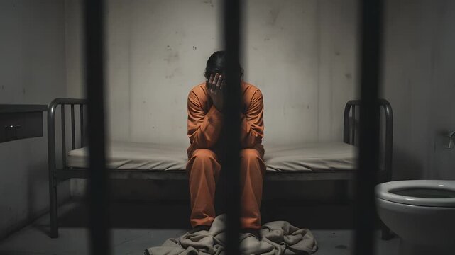 A depressed prisoner in an orange jumpsuit sits on a cot inside a dark, confined jail cell.