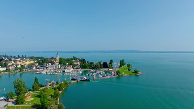 Aerial view of Romanshorn harbour and lake park with the incoming ferry MF Friedrichshafen, Lake Constance, Canton Thurgau, Switzerland