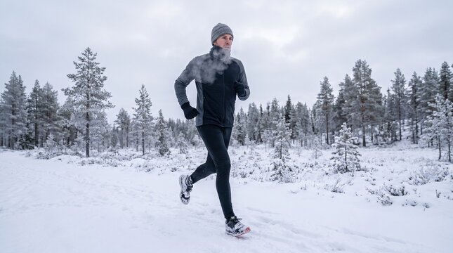 Man running in a snowy forest exhaling visible breath in cold winter weather