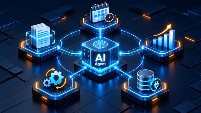 Isometric Artificial Intelligence Agent Managing Automated Business Processes And Data Analytics