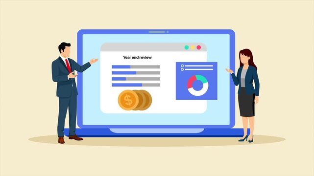 Team evaluating financial results for planning. End of year budgeting business review concept. Full length animation illustration. High quality&nbsp;4k&nbsp;footage
