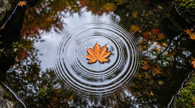 A single orange maple leaf floats on the water surface, creating ripples that spread outwards in concentric circles. Reflected in the water are the autumn leaves and trees surrounding the pond.