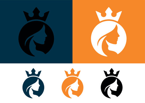 Woman queen logo profile crown on orange circular element.