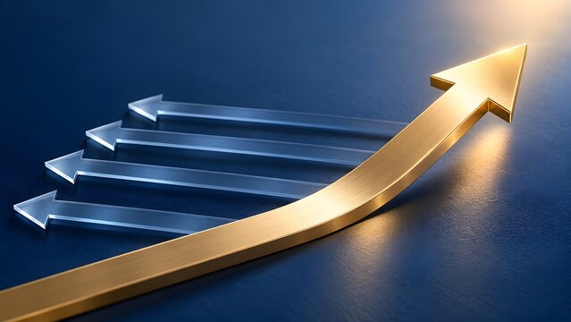 Golden arrow leading the way symbolizing success growth and outperforming others on a dark blue textured background with subtle lighting.
