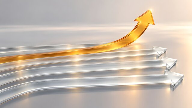 Golden arrow leading ahead of multiple clear arrows symbolizing success leadership and outperforming competitors in a dynamic abstract environment.