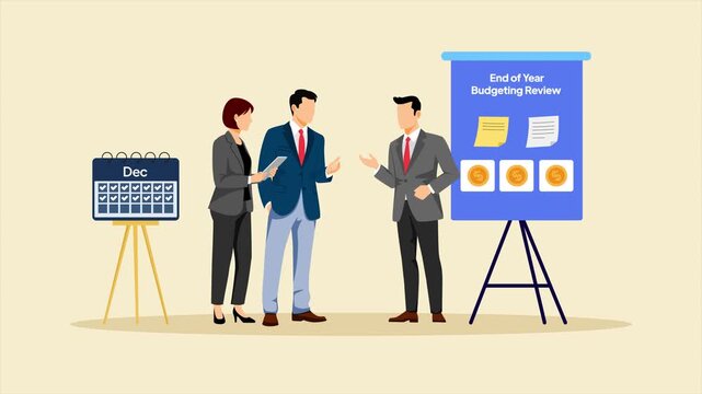 Team discussing year end budget planning. End of year budgeting business review concept. Full length animation illustration. High quality&nbsp;4k&nbsp;footage