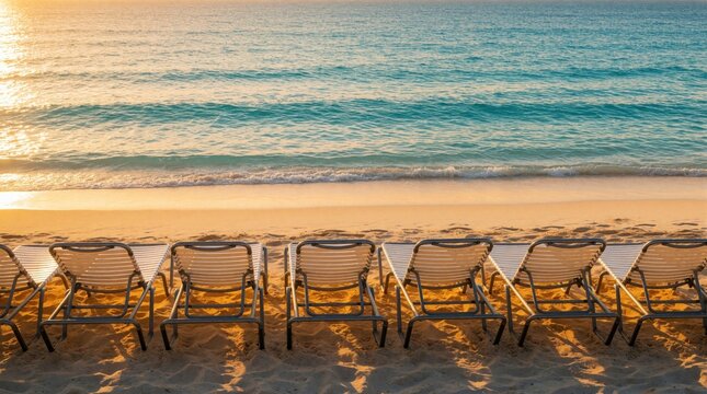 Row of empty lounge chairs on sandy beach facing calm turquoise ocean. Golden sunset light hits sand, sea waves. Tropical resort setting for summer vacation, relaxation, peaceful travel concept.