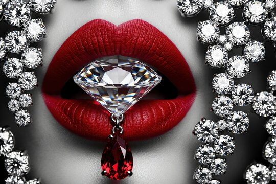 Close-up of female mouth with bright red lipstick. Woman holds huge faceted diamond between lips. Luxury jewelry with red ruby gemstone, sparkling white diamonds surround face. High fashion beauty