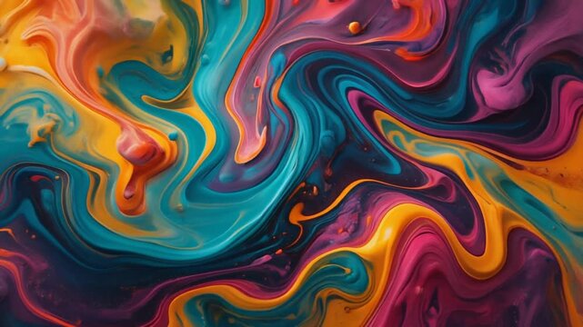 Vibrant, flowing abstract swirls of bright, colorful liquid paint blend and swirl together creating a mesmerizing, organic pattern with hues of yellow, orange, blue, teal, and magenta