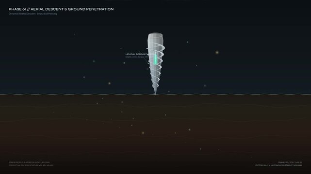 Futuristic autonomous seedpod animation demonstrating aerial descent, helical ground penetration, micro-dew condenser deployment, and porous anchor release for environmental renewal and terraforming