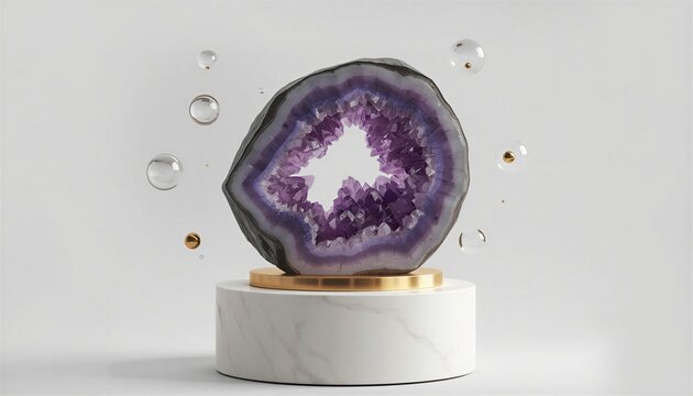 3D render of purple amethyst crystal geode slice on white marble podium with floating glass orbs and gold spheres