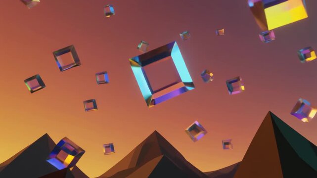 Abstract, prismatic, three-dimensional geometric forms shimmer and float gracefully across a vast, gradient sky above an alien, mountainous landscape, suggesting a surreal, digital dreamscape