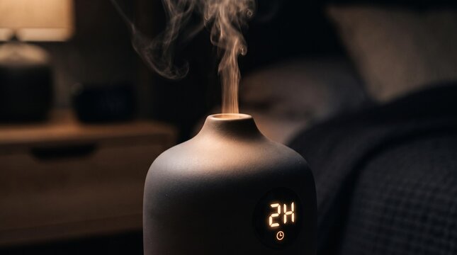 Close-up of essential oil diffuser emitting soothing mist in a cozy bedroom environment