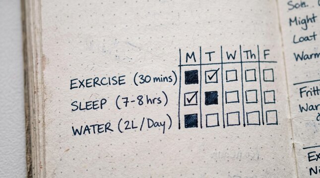 Close-up of a personal habit tracker journal with daily checkboxes for exercise, sleep, and water intake