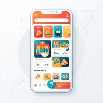 A mobile app screen displays food options like pizza, burgers, and sushi for delivery service. Users can select items and place orders.