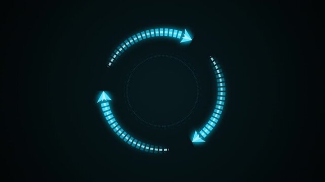 A seamless loop animation of segmented data flow circular arrows glowing with cyan neon light on a dark background. Perfect for visualizing loading cycles, digital syncing, and tech processes.