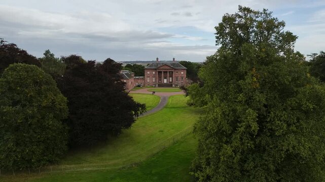 Paxton House over River Tweed from a drone, Paxton, Berwick-upon-Tweed, Berwickshire, Scotland, UK