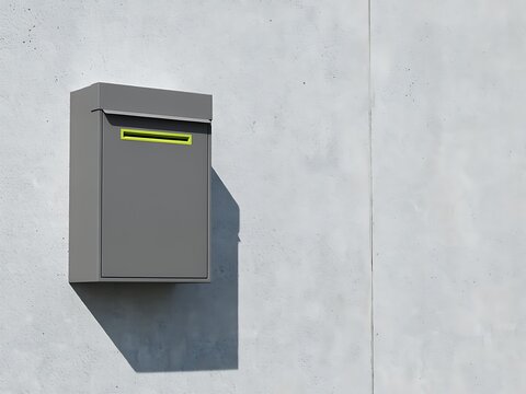 Minimalist grey metal mailbox with neon green slot mounted on a smooth concrete wall surface