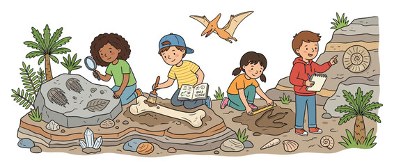 Children Discover Fossils and Dinosaur Bones on Excavation Site © mila