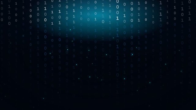 Binary code stream pattern with glowing blue light, abstract data visualization for cyber security and programming interface design.