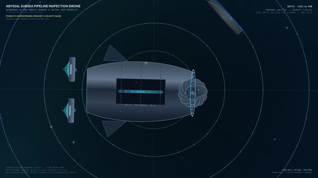 Futuristic HUD animation of an abyssal subsea pipeline inspection drone displaying hydrodynamic descent, biomimetic grip, and sonar diagnostics