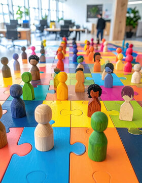Colorful wooden game piece on interlocking puzzle board in bright classroom with diverse figures and playful learning atmosphere