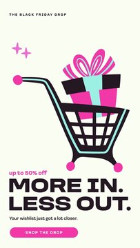 Black Friday Retail Stories / Cream Sale Story with Shopping Cart Full of Gifts, Big Type and Pink Button for New Drops, Wishlist Deals and Store Promos / Vertical / Part 02