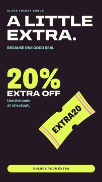 Black Friday Retail Stories / Dark Sale Story with Lime Coupon Ticket, Extra Discount Text and Promo Code for Checkout Offers and Ecommerce Ads / Vertical / Part 03