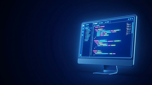 Glowing monitor screen displaying complex software programming source code
