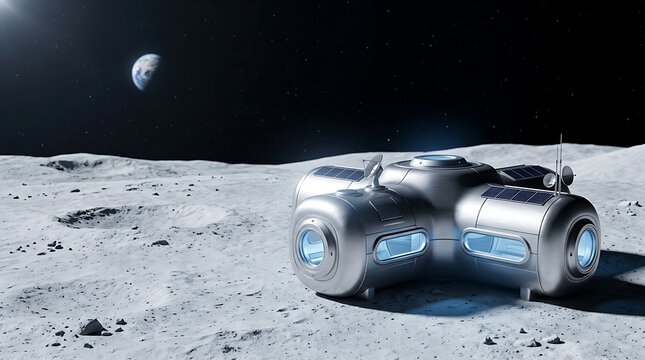 Futuristic lunar base habitat module resting on the moon surface with planet earth visible in the dark starry space background astronomy exploration universe