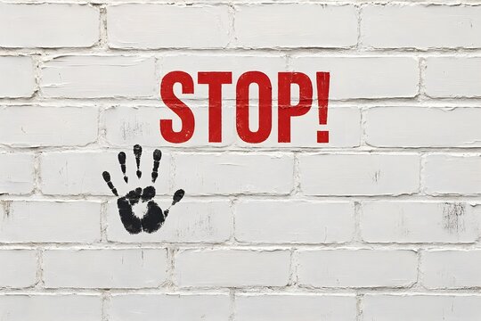 Red STOP text and black handprint on white painted brick wall
