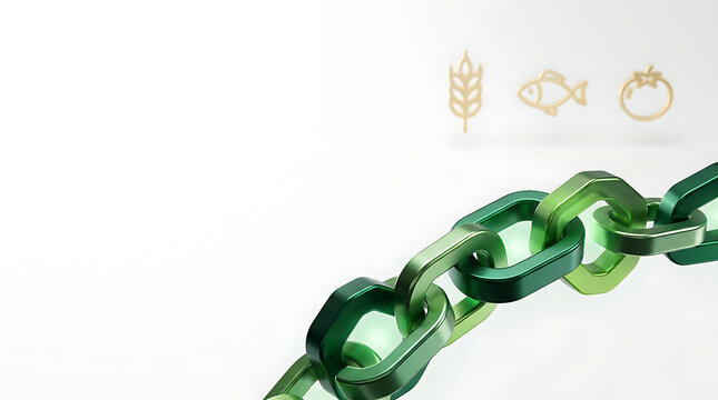 Green metallic chain links connected together with glowing icons above on a clean white background metalwork connection security strength industry