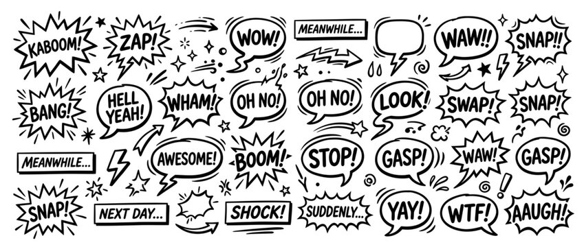 Hand-drawn comic book speech bubbles and sound effects