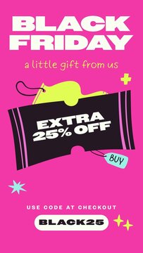 Black Friday Sales Promo Stories / Hot Pink Promo Code Story with Black Gift Voucher, Buy Tag and Code Field for Checkout Discounts and Customer Rewards / Vertical / Part 04