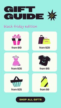 Black Friday Sales Promo Stories / Mint Gift Guide Story with Six Product Cards, Starting Prices and Shop All Button for Holiday Gift Ideas and Catalog Highlights / Vertical / Part 07